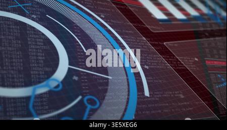Displaying circular HUD gauge on angled monitor, showing rings and ticks, code panels, graphs Stock Photo