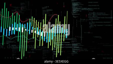 Displaying candlestick bars with weaving red and teal trend lines on black screen, with binary code Stock Photo