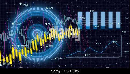 Displaying composite trading dashboard pulsing on dark grid, cyan HUD, yellow candlestick bars Stock Photo