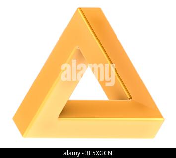 Golden Penrose triangle impossible, optical illusion and paradox, 3d rendering isolated on white background Stock Photo