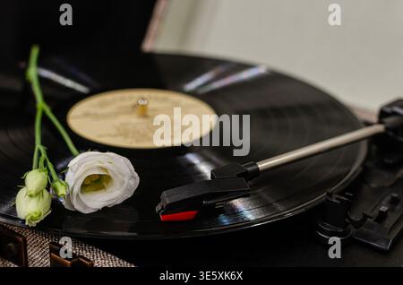 A close-up, aesthetic shot of a black vinyl record spinning on a vintage turntable, featuring a delicate white lisianthus flower resting on the surfac Stock Photo