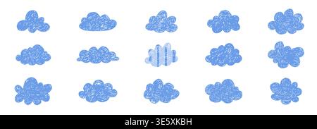Crayon cloud hand drawn naive kids, baby, school background design. Childlike scribble blue clouds drawn with chalk weather elements, kid drawings. . Vector illustration Stock Vector