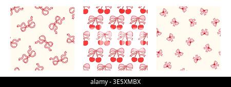 Seamless cherry pattern with cute bows and hearts on pink background. Sweet fruit print design perfect for girly Valentines Day wallpaper, fabric, or gift wrapping paper. Stock Vector