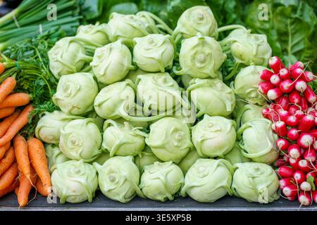 Pile of kohlrabi Brassica oleracea Gongylodes, carrots Nantes and radish Cherry Belle at market stall, fresh organic vegetables, healthy food concept Stock Photo