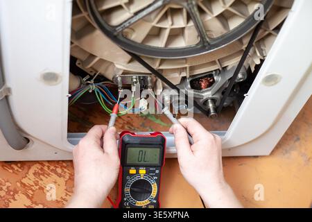A person is using a multimeter to test the heater in a washing machine. Wires connect to the heater as the testing process is underway on the floor. K Stock Photo
