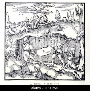 Miners extracting ore and transporting it using a linen cloth in a subterranean tunnel, depicting traditional mining methods and tools from a vintage woodcut illustration. from Georgius Agricola De re metallica translated from the first Latin edition of 1556 by Agricola, Georg, 1494-1555; Engraving by Basilius Weffring Stock Photo