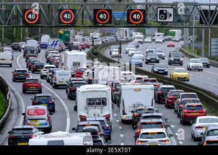 Bristol, UK. 3rd Apr, 2026. As fuel prices climb the Easter Getaway causes traffic congestion on the M5 between junctions 15/16 and 17 at Bristol. Managed motorway speed restrictions are in place due to the volume of traffic heading south towards Devon and Cornwall. Highways England reports speeds below 20 mph. Credit: JMF News/Alamy Live News Stock Photo