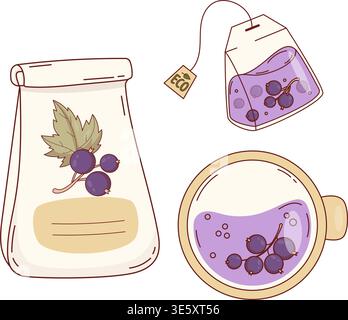 Blackcurrant Eco Natural Tea. Paper Bag with Dried Leaves, Purple Berry Drink, Herbal Infusion in Bag and Cup Top View. Isolated Vector Illustration Stock Vector