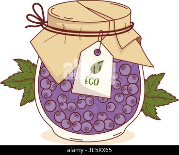 Delicious Homemade Blueberry Jam in Glass Jar with ECO Label tag and Craft Paper Lid. Vector Illustration. Isolated Sweet Preparations on White Backgr Stock Vector
