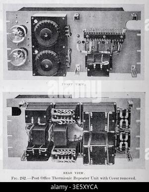 Post Office thermionic repeater unit with exposed vacuum tubes, resistors and wiring shown from front and rear, illustrating early 20th century telecommunication amplification technology. from The thermionic valve and its development in radio-telegraphy and telephony by Fleming, J. A. (John Ambrose), Sir, 1849-1945. Published in London in 1924 Stock Photo
