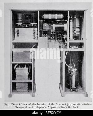 Marconi wireless telegraph and telephone apparatus interior revealing intricate early electronics, vintage vacuum tubes, coils, and wiring, illustrating historical communication technology. from The thermionic valve and its development in radio-telegraphy and telephony by Fleming, J. A. (John Ambrose), Sir, 1849-1945. Published in London in 1924 Stock Photo
