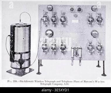Six kilowatt Marconi wireless telegraph and telephone plant with large induction coils and multiple thermionic valves on panel. from The thermionic valve and its development in radio-telegraphy and telephony by Fleming, J. A. (John Ambrose), Sir, 1849-1945. Published in London in 1924 Stock Photo