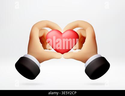 3D Hands forming heart shape around red heart icon Stock Vector