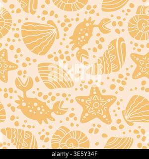 Hand drawn seamless pastel marine pattern with shells, corals, crabs and stars, playful ocean themed boho background with soft beige tones decorative Stock Vector