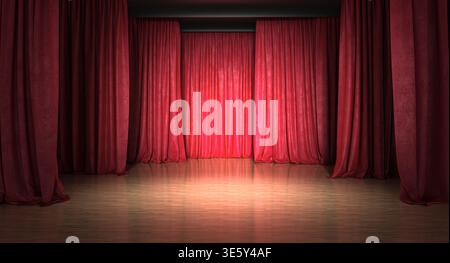 3d Red velvet theater curtains opening Stock Photo