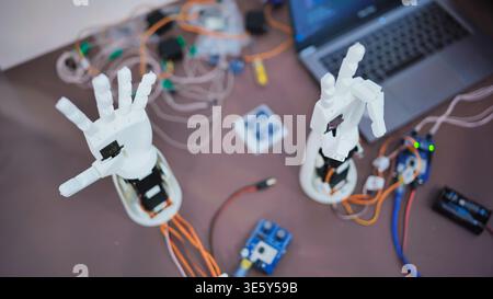 A person controls an artificial robotic arm via wires on their hand. Stock Photo