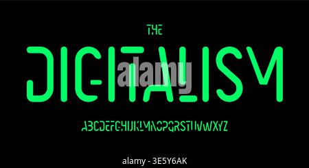 Thin cutout alphabet, rounded narrow sans serif lettering, innovate futuristic font for AI game logo, cyber sport headline, green digital display Stock Vector