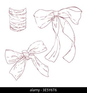Set of vector bows, ribbon for a bouquet of flowers, outline line, simple drawing Stock Vector