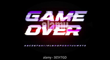 Game Over Digital Sport Alphabet Font Gradient Vibrant Glow Red Neon Glitch Futuristic Typography, Gaming Cyberpunk Headline, UI Interface Dynamic Stock Vector