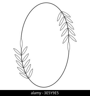 Oval foliage frame. Laurel leaves Vector border. Simple botanical wreath. Black line decoration. Stock Vector