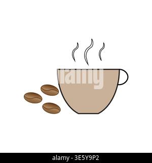 Hot coffee cup. Steaming brown vector mug. Bean caffeine beverage. Simple break time icon. Stock Vector