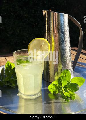 Iced Lemonade with Mint and Pitcher in Sunlight Stock Photo