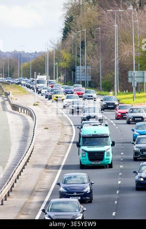 Flintshire, Wales. UK Weather: 3rd April 2026, heavy traffic along the A55 into Wales near the village of Halkyn as Bank Holiday Good Friday traffic heads into Wales for the long weekend, Flintshire, North Wales.  ©DGDImages/Alamy Live News Stock Photo