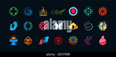 Modern Logo Set on Difference Themes Design like Medicine and Science, Religion and Charity Found, Building and Tech. Isolated Logotypes Collection Stock Vector