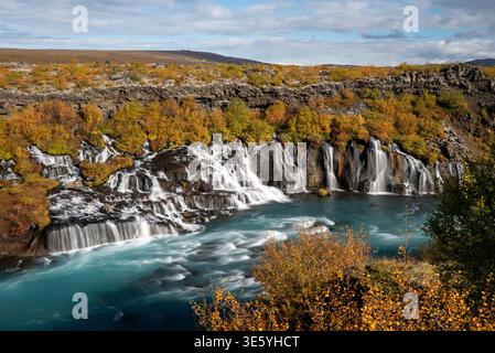 Hraunfoss waterfall Iceland long exposure autumn colors Stock Photo