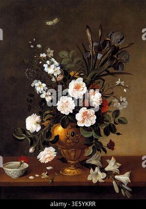 CAMPROB?N, Pedro de (b. 1605, Almagro, d. 1674, Sevilla)  Vase of Flowers 1663 Oil on canvas, 77 x 58 cm Museo del Prado, Madrid  In the pair of flower pieces, now in the Prado, the bouquets are arranged in two identical gilt vases resting on a long wooden table in an unspecified interior space. Unlike the stone ledges and rocky outcrops favoured by contemporary flower painters in Madrid, the plain wooden tabletop, which had also been used in the still-life paintings of Francisco de Zurbar?n, was a favourite means of support in the flower pieces of Camprob?n. Pink, white and red roses predomin Stock Photo