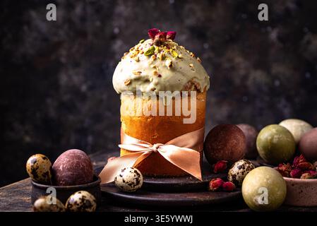 Traditional Easter cake kulich with pistachio Stock Photo