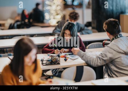 Students studying together in a modern classroom during focused group work session Stock Photo