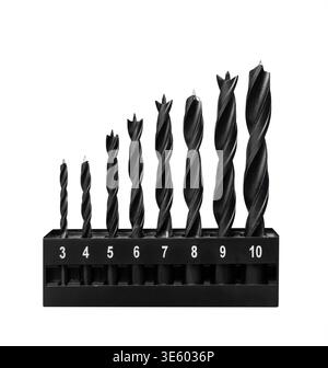 Drill bits of various sizes isolated on white with clipping path. Set of spiral drills for woodwork. Stock Photo