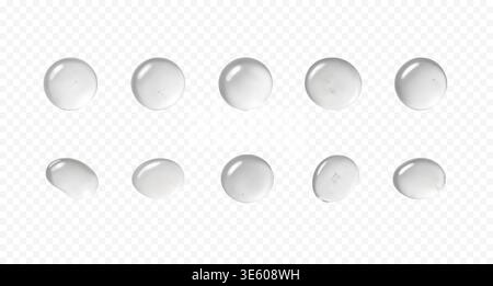 Realistic serum or gel droplets. Clear liquid drops for cosmetic skincare product. Design elements isolated on transparent background Stock Vector