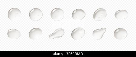 3d liquid gel serum drops. Droplets of cosmetic product isolated on transparent background Stock Vector