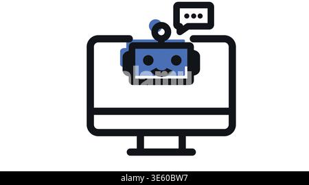 AI Chatbot and customer support icon: desktop computer with friendly robot Stock Vector