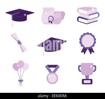 Set of nine purple and lavender symbols featuring graduation caps, diploma scroll, and trophy. graduation element set. Stock Vector