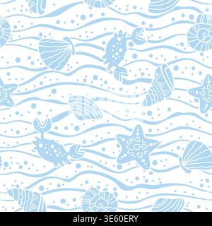 Hand drawn seamless marine pattern with shells, corals, crabs and stars, soft blue waves and sea elements on white background Stock Vector