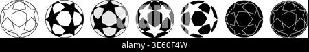 A highly detailed and versatile set of premium soccer ball vector icons featuring a distinctive star-shaped panel pattern. Carefully crafted in seven unique graphic styles, this collection includes clean minimalist outlines, classic black and white variations, and striking inverted designs white stars on black, solid black with white contours . The star motif makes these balls ideal for elite tournament branding, championship graphics, sports league logos, athletic event posters, and professional UI UX elements. Fully editable vector shapes, completely isolated on a white background, ensuring  Stock Vector