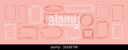 Set of coquette pink hand drawn doodle crayon, pencil, chalk scallop wavy frames. Girly oval, rectangle, square, circle shape borders for wedding, bac Stock Vector