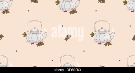 Seamless Pattern with Fine Porcelain Teapots and Blackcurrant Berry on Soft Pink Background. Artisan China Teaware Kitchen Decor. High Tea Aesthetic R Stock Vector