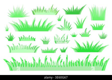 Green bright grass clipart set, simple hand drawn flat design vector illustration for making border, banner, herbal eco-friendly concept, greenery, foliage content, spring Easter festive decor Stock Vector