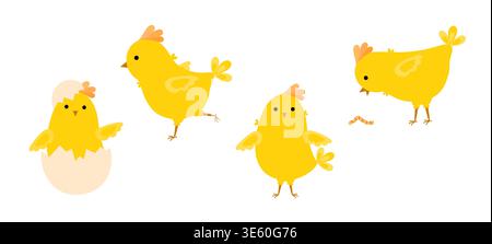Cute little chicks set funny whimsical Easter characters hand drawn illustration, farm birds as symbol of festive springtime period clipart for cards, banner, Easter decor Stock Vector