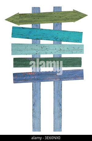 Wooden sign made of multi-colored old boards fixed on two vertical posts, isolated background Stock Photo
