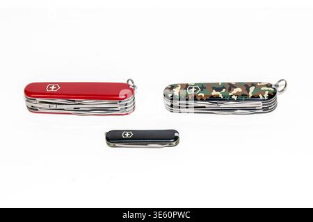 The Hague, the Netherlands - April 3 2026: victorinox multitool swiss style army knives isolated on white background Stock Photo