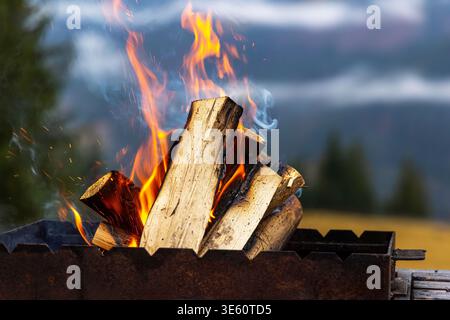 Outdoor Campfire Flames Against Blurred Mountain Scenery. Close-up of burning firewood in a metal brazier outdoors, with flames, smoke, and a soft Stock Photo