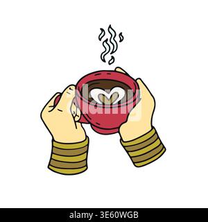Hand drawn hygge doodle hand holding coffee cup icon vector illustration. Cozy hot beverage break clipart Stock Vector