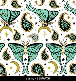 Cream and teal seamless pattern with celestial luna moth and paisley motif Stock Vector