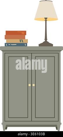 Wooden dresser chest of drawers in minimalist cottagecore style with lamp and books on it Stock Vector