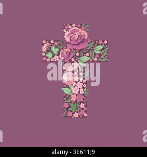 Religious cross made of pink peony flowers. Happy Easter Hand drawn. Not AI, vector illustration. He is risen Hand drawn. Not AI, vector illustration Stock Vector